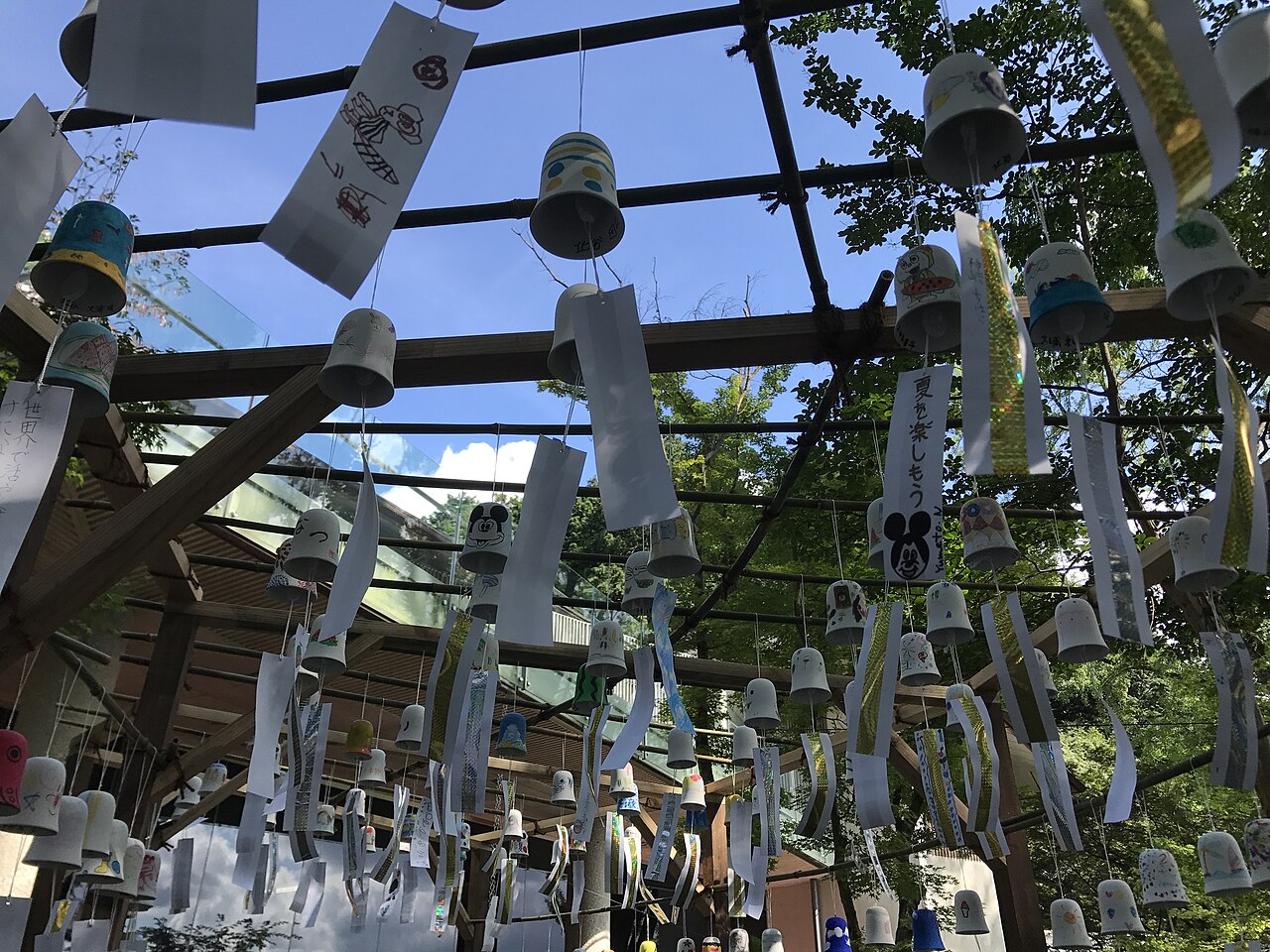 Hundreds of glass wind chimes hanging under a bright blue sky at Kamado Shrine