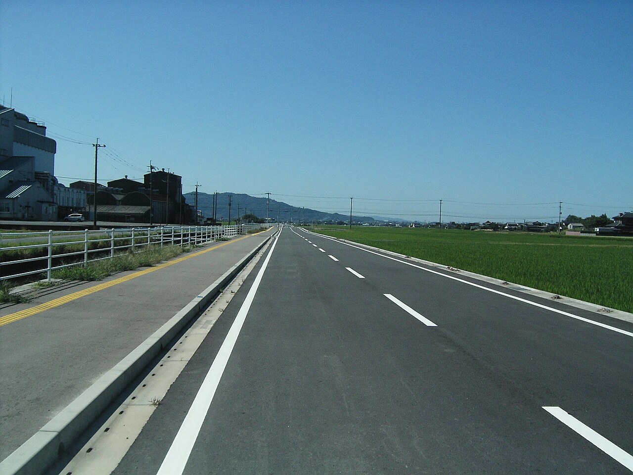 A straight two-lane road running between rice fields under a deep blue summer sky in Japan
